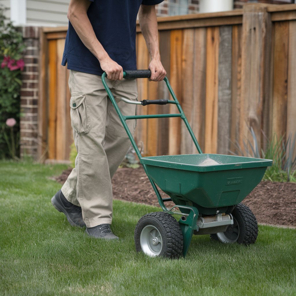 A work spreads fertilizer with a broadcast spreader.