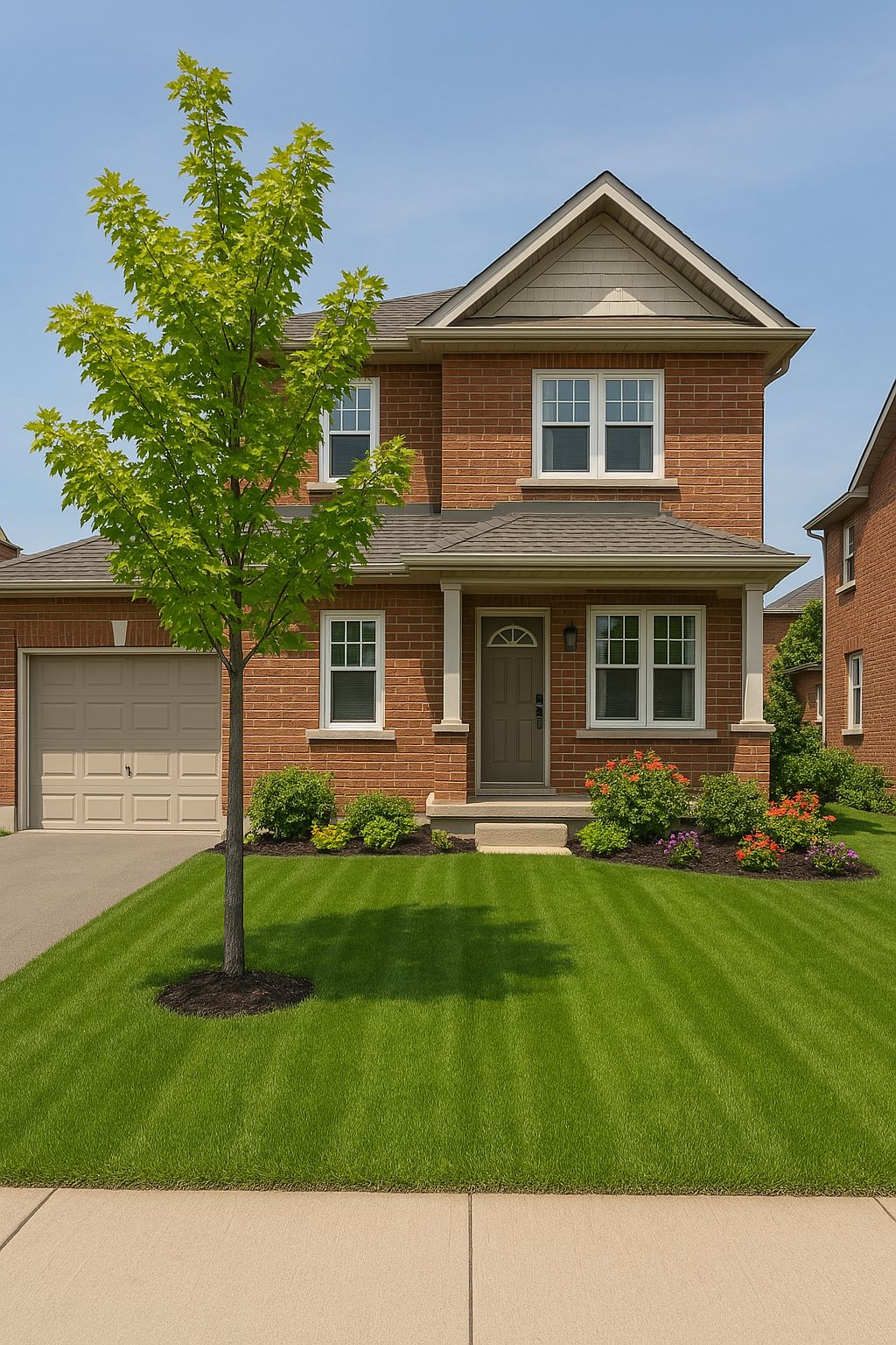 A freshly mowed lawn with a beautiful flower bed and young maple tree.