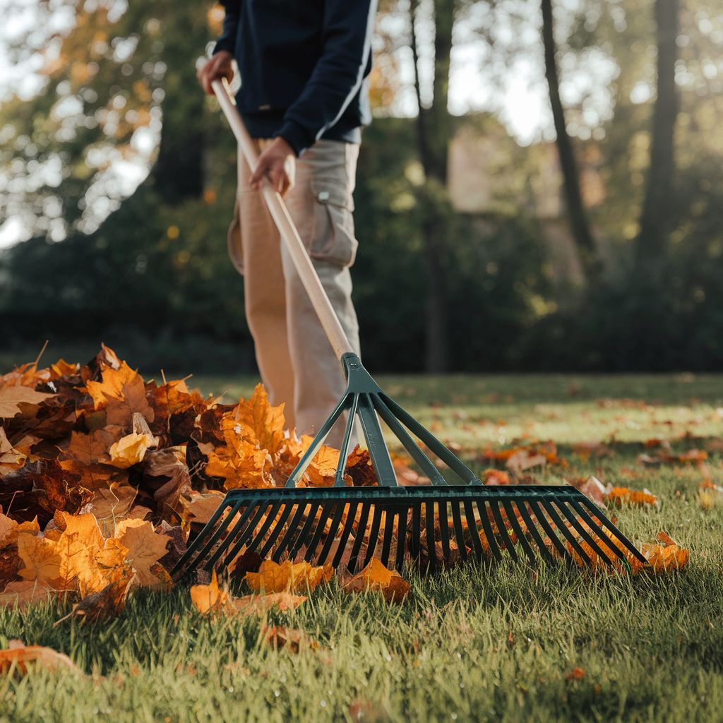 A worker cleans up a pile of leaves with a rake.