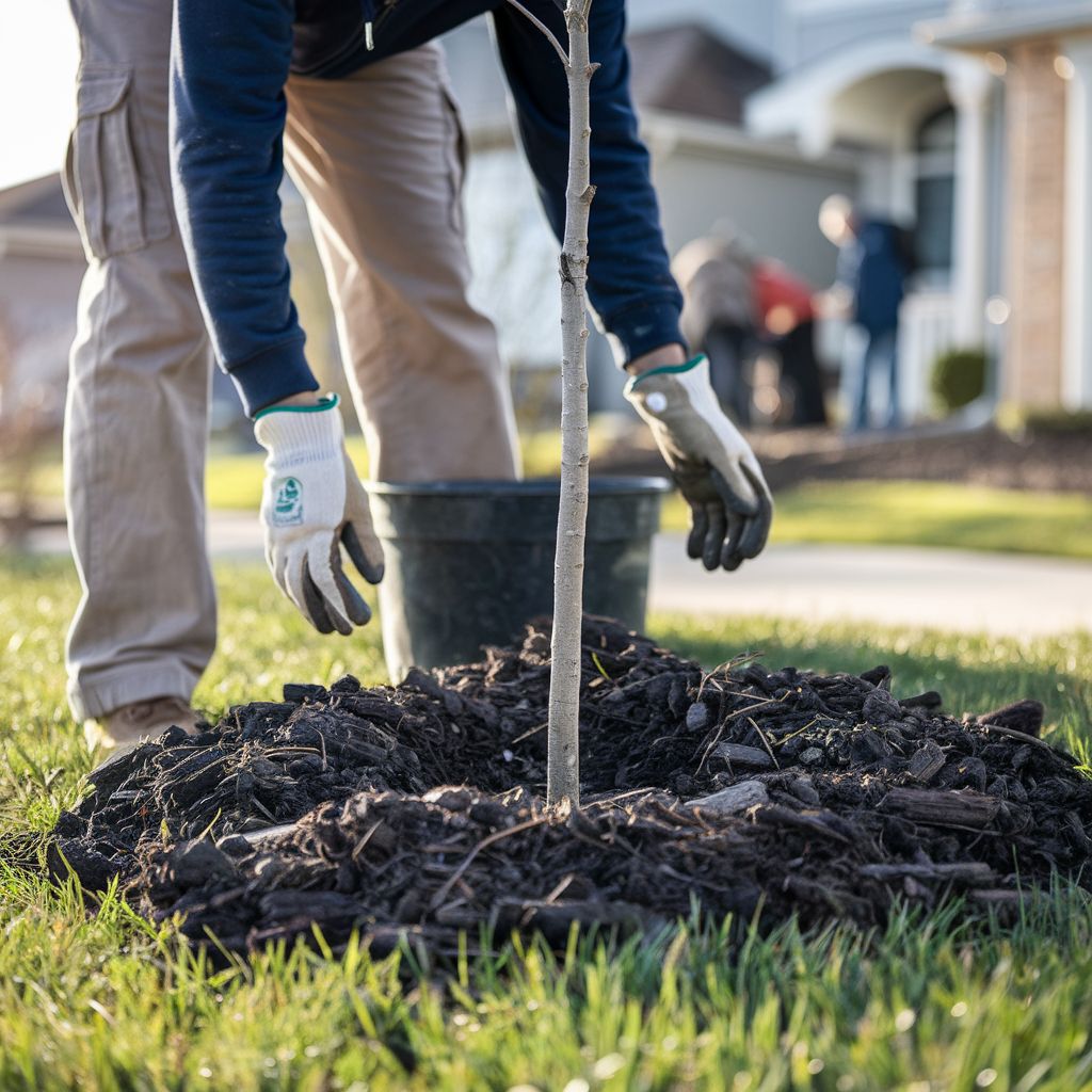 A worker places mulch around the base of a young tree.