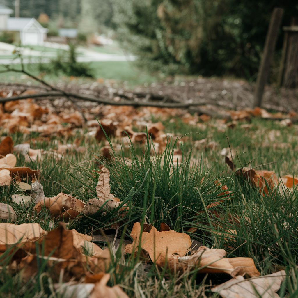 Leaves and debris in a yard in the spring.