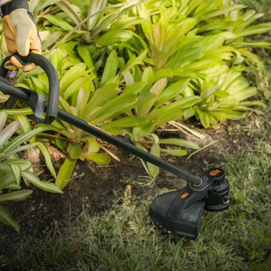 Trimming grass around the edge of a plant and flower bed.