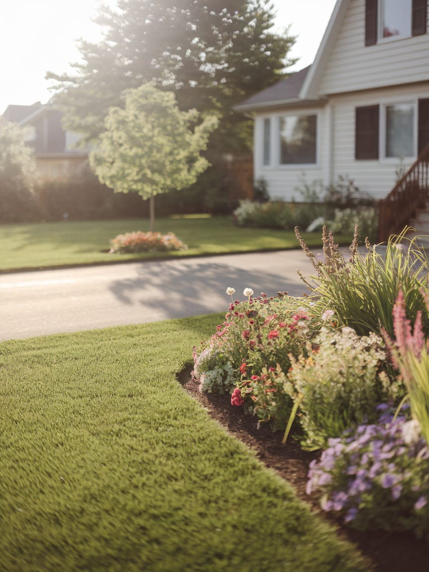 A freshly mowed lawn with a beautiful flower bed.